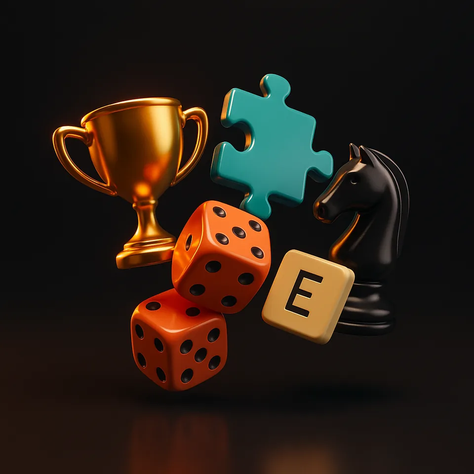 Floating 3D game pieces — a golden trophy, dice, a puzzle piece, a chess knight and a letter tile