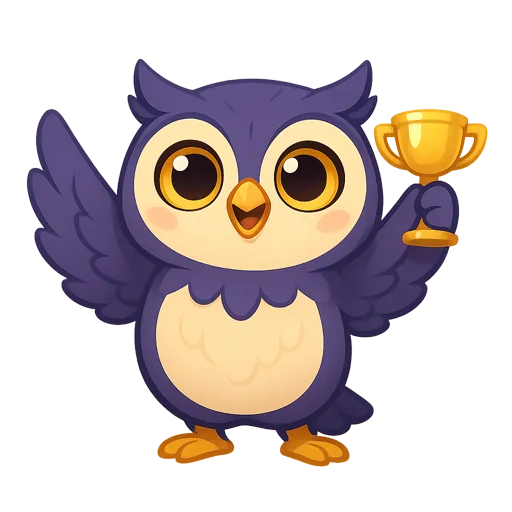 Otto, the Trophy Arena owl mascot, cheering with a trophy